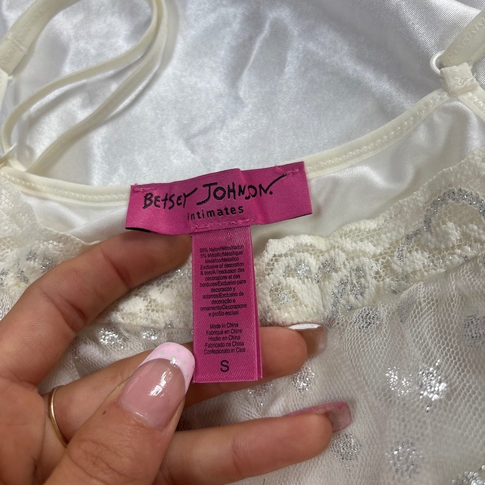 y2k Betsey Johnson Chemise White Excellent Silver Polka Dot Mesh Lace Trim S - Picture 4 of 6